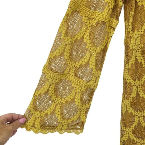 Xhilaration  Mustard Yellow Lace Bell Sleeve Dress L Tea Length Retro 70s Hippie - Picture 5 of 10